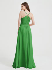 Spaghetti Strap V neck Chiffon Dress with Pockets Green