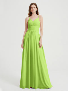 Spaghetti Strap V neck Chiffon Dress with Pockets Lime Green