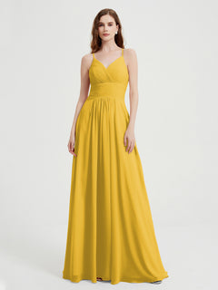 Spaghetti Strap V neck Chiffon Dress with Pockets Marigold