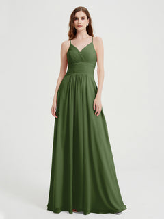 Spaghetti Strap V neck Chiffon Dress with Pockets Moss