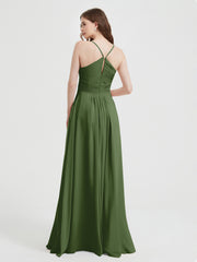 Spaghetti Strap V neck Chiffon Dress with Pockets Moss