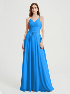 Spaghetti Strap V neck Chiffon Dress with Pockets Ocean Blue