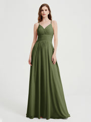 Spaghetti Strap V neck Chiffon Dress with Pockets Olive Green Plus Size