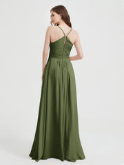 Spaghetti Strap V neck Chiffon Dress with Pockets Olive Green Plus Size
