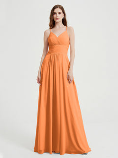 Spaghetti Strap V neck Chiffon Dress with Pockets Orange