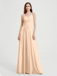 Spaghetti Strap V neck Chiffon Dress with Pockets Peach Plus Size