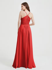 Spaghetti Strap V neck Chiffon Dress with Pockets Red Plus Size