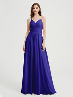 Spaghetti Strap V neck Chiffon Dress with Pockets Royal Blue