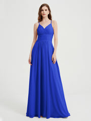 Spaghetti Strap V neck Chiffon Dress with Pockets Royal Blue Plus Size
