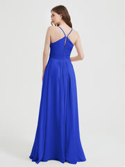 Spaghetti Strap V neck Chiffon Dress with Pockets Royal Blue Plus Size