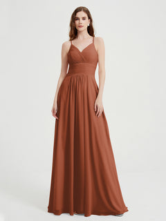 Spaghetti Strap V neck Chiffon Dress with Pockets Rust Plus Size