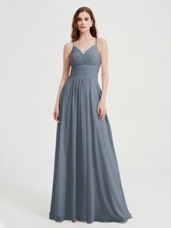 Spaghetti Strap V neck Chiffon Dress with Pockets Slate Blue