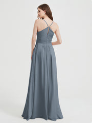 Spaghetti Strap V neck Chiffon Dress with Pockets Slate Blue