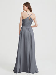 Spaghetti Strap V neck Chiffon Dress with Pockets Steel Grey