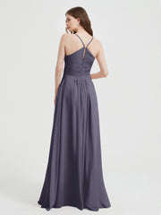 Spaghetti Strap V neck Chiffon Dress with Pockets Stormy