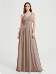 Spaghetti Strap V neck Chiffon Dress with Pockets Taupe