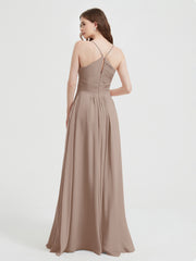 Spaghetti Strap V neck Chiffon Dress with Pockets Taupe