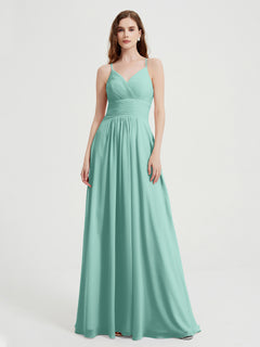 Spaghetti Strap V neck Chiffon Dress with Pockets Turquoise