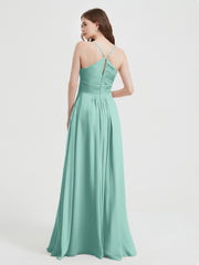 Spaghetti Strap V neck Chiffon Dress with Pockets Turquoise