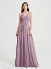Spaghetti Strap V neck Chiffon Dress with Pockets Vintage Mauve Plus Size