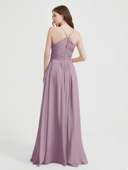 Spaghetti Strap V neck Chiffon Dress with Pockets Vintage Mauve