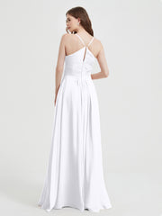 Spaghetti Strap V neck Chiffon Dress with Pockets White