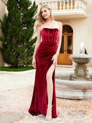 Strapless Sweep Train Mermaid Velvet Dress With Slit Burgundy