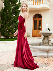 Strapless Sweep Train Mermaid Velvet Dress With Slit Burgundy