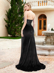 Strapless Sweep Train Mermaid Velvet Dress With Slit Black