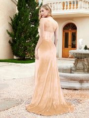 Strapless Sweep Train Mermaid Velvet Dress With Slit Champagne