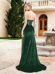 Strapless Sweep Train Mermaid Velvet Dress With Slit Dark Green