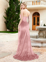 Strapless Sweep Train Mermaid Velvet Dress With Slit Dusty Rose