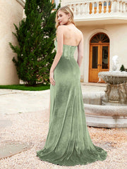 Strapless Sweep Train Mermaid Velvet Dress With Slit Dusty Sage