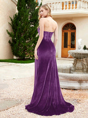Strapless Sweep Train Mermaid Velvet Dress With Slit Grape