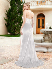 Strapless Sweep Train Mermaid Velvet Dress With Slit Ivory