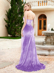Strapless Sweep Train Mermaid Velvet Dress With Slit Lilac