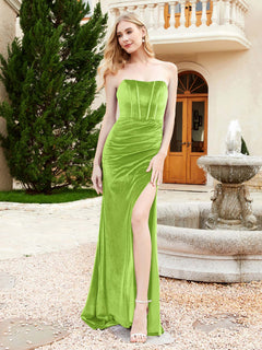 Strapless Sweep Train Mermaid Velvet Dress With Slit Lime Green