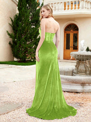 Strapless Sweep Train Mermaid Velvet Dress With Slit Lime Green