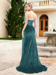 Strapless Sweep Train Mermaid Velvet Dress With Slit Peacock