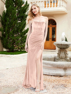 Strapless Sweep Train Mermaid Velvet Dress With Slit Pearl Pink