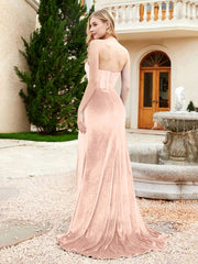 Strapless Sweep Train Mermaid Velvet Dress With Slit Pearl Pink
