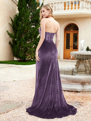 Strapless Sweep Train Mermaid Velvet Dress With Slit Plum
