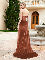 Strapless Sweep Train Mermaid Velvet Dress With Slit Rust