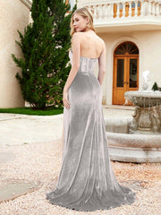 Strapless Sweep Train Mermaid Velvet Dress With Slit Silver