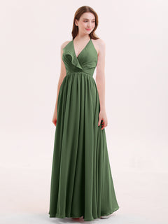 V Neck Full Length Chiffon Bridesmaid Dress Olive Green