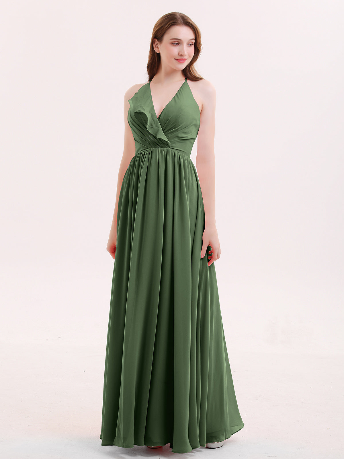 V Neck Full Length Chiffon Bridesmaid Dress Olive Green Plus Size ...