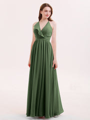 V Neck Full Length Chiffon Bridesmaid Dress Olive Green Plus Size