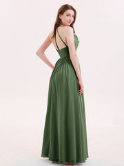 V Neck Full Length Chiffon Bridesmaid Dress Olive Green