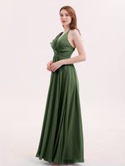 V Neck Full Length Chiffon Bridesmaid Dress Olive Green