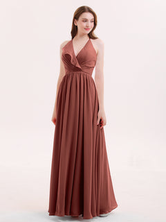 V Neck Full Length Chiffon Bridesmaid Dress Terracotta